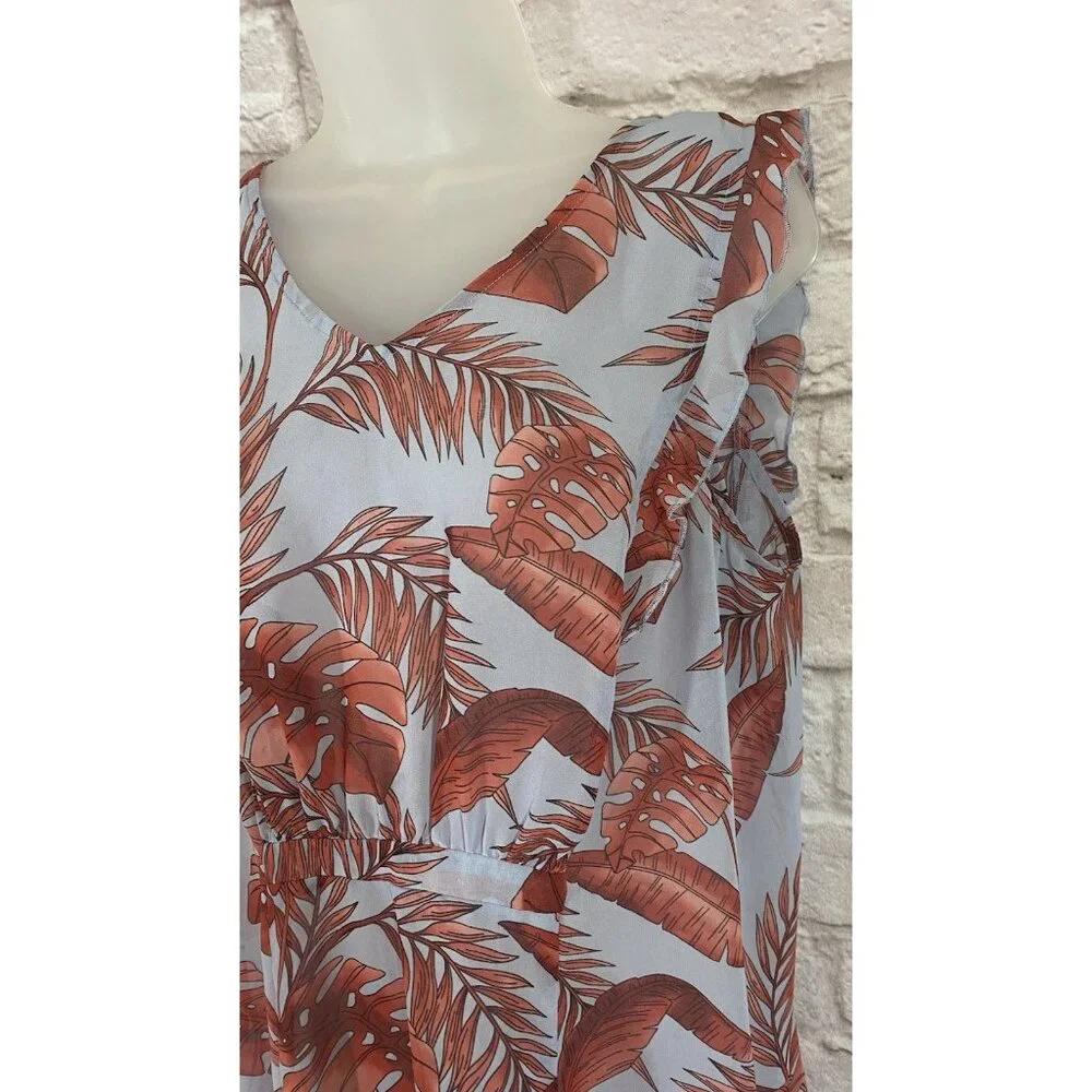 CAbi 5381 Isabel Blue Coral Palm Leaf Print Ruffle Summer Dress M Tropical Beach